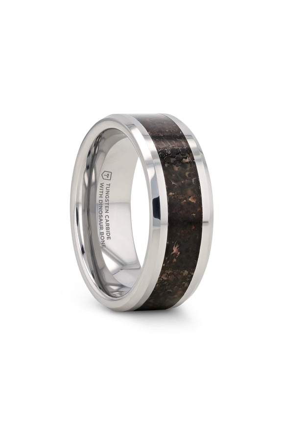 DRACARYS Tungsten Ring Black Dinosaur Inlay with Polished Bevel Edges - 8mm