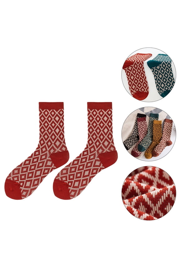 1 Pair Retro Patterned Cotton Socks in Orange with Mid-calf Length for Casual Occasions