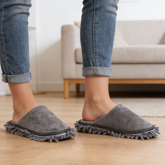 DRAFIDEEP 1Pair Chenille Mop Slippers Washable Detachable Floor Cleaning Slippers for Home and Office in Grey