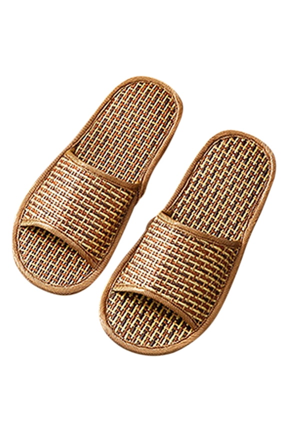 Light Brown Woven Rattan Straw House Slippers with PVC Sole for Comfortable Indoor Wear