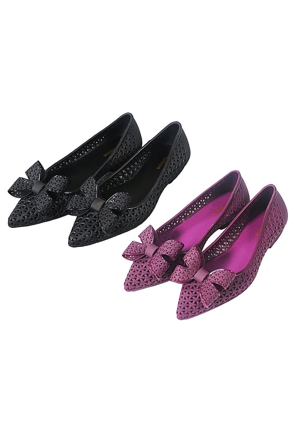 Women's Bowknot Pointed Toe Flats, Breathable PVC Material, Hollow Out Design, Comfortable Low Heel Casual Shoes