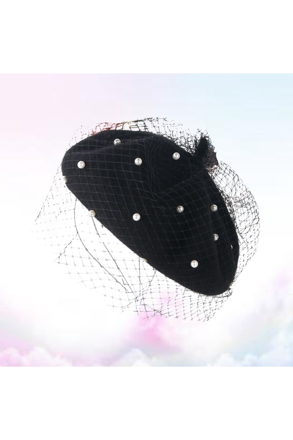 1Pc Black Woolen Beret Hat with Mesh and Plastic Pearls Stylish Winter Headwear