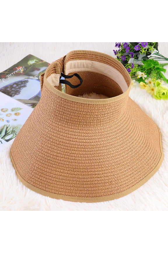 1Pc Foldable Wide Brim Khaki Straw Sun Hat Breathable Beach Hat for Effective Sun
