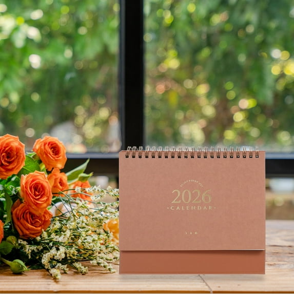 OUNONA Khaki 2026 Standing Flip Desk Calendar for Office Daily Scheduling