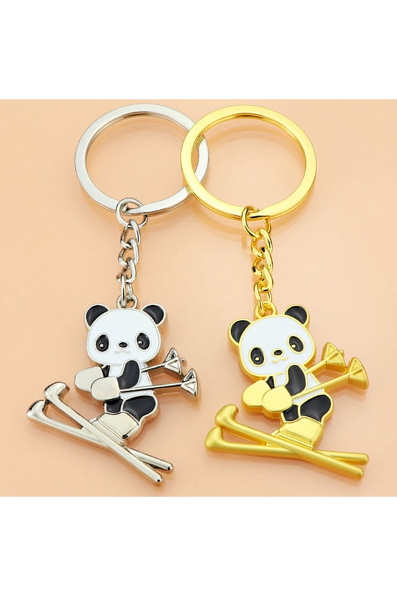2Pcs Key Pendants Skiing Panda Cartoon Style Realistic Key Decorations Golden Silver Alloy 1.4x1.3x0.1in