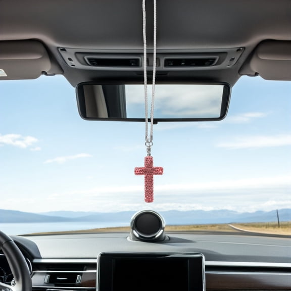 OUNONA 2Pcs Pink Rhinestone Cross Charm Car Decorative Mirror Hanger Stainless Steel