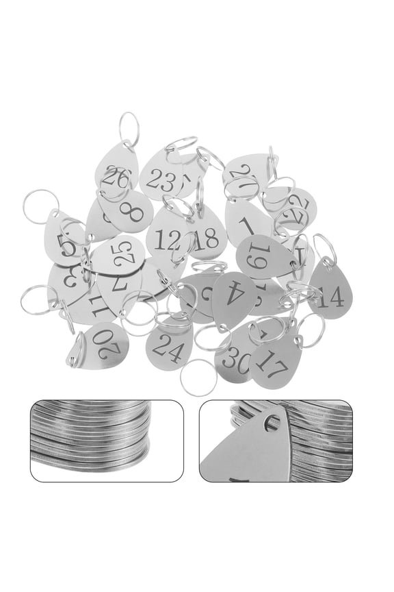 30Pcs Numbered Stainless Steel Keychains for Office Use and Locker Number Labels Plated Silver