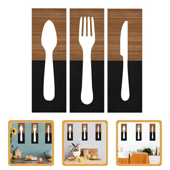 DRAFIDEEP 3Pcs Kitchen Wooden Wall Decor Fork Cutter Spoon Sign Rustic Style 11.8X3.9in Wood Hanging