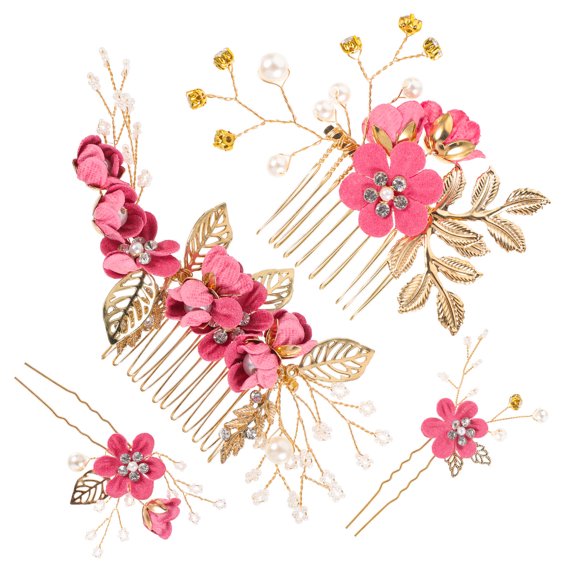 DRAFIDEEP 4-Piece Flower Hair Comb Set with Rosy Crystal Accents, Ideal Wedding Bridal Accessories