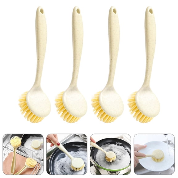 DRAFIDEEP 4Pcs Kitchen Scrub Brushes Beige Long Handle for Housewives 11.8x2.4x1.2in