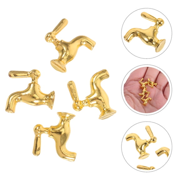 OUNONA Drafideep Tiny Sink Tap Model Golden Alloy for Dollhouse Accessories 4Pcs