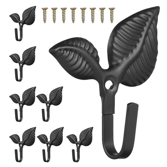 DRAFIDEEP Vintage Coat Hooks, Black, Wrought Iron, Stylish Leaf Shape, Easy to Mount, 8Pcs
