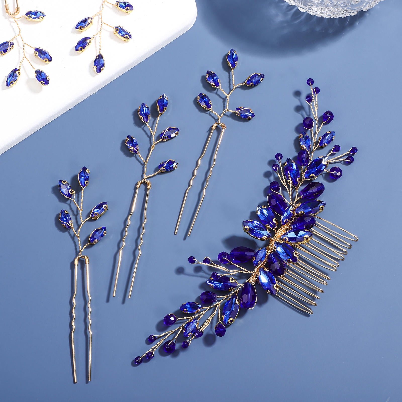 Elegant Blue Rhinestones Hair Barrette Clip Accessory Blue Rhinestone Hair Clips Barrette Set - Stranded Treasures main image 2