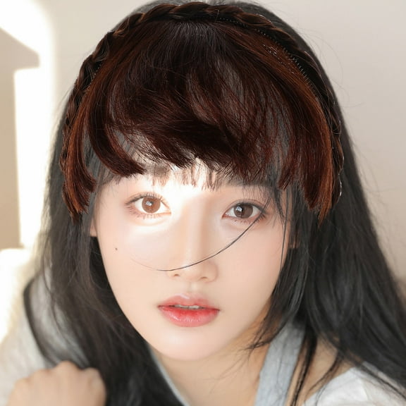 OUNONA Natural Looking Synthetic Fringe Hair Headband with Braided Fishtail in Light Brown