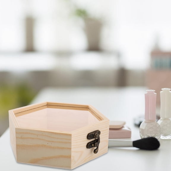 DRAFIDEEP wooden hexagon box Pine Wood, Light Yellow, Glass Lid Jewelry Storage Case