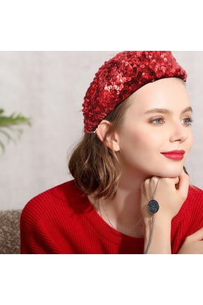 Red Sparkling Berets Hat Fashion Lightweight Polyester Sequin Party Wear