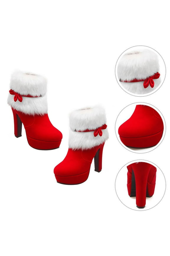 Women's Winter High Heel Platform Ankle Boots with Bow Detail and Zipper Plush Short Boot 2pcs (Red, 7.5 US)