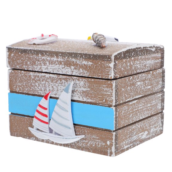 DRAFIDEEP Small Wooden Treasure Chest Brown Beach Style Storage Box with Ocean Themed Design