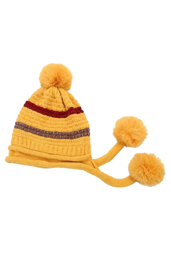 Yellow Knitted Wool Cap Warm Winter Headgear with Hair Ball Design for Skiing