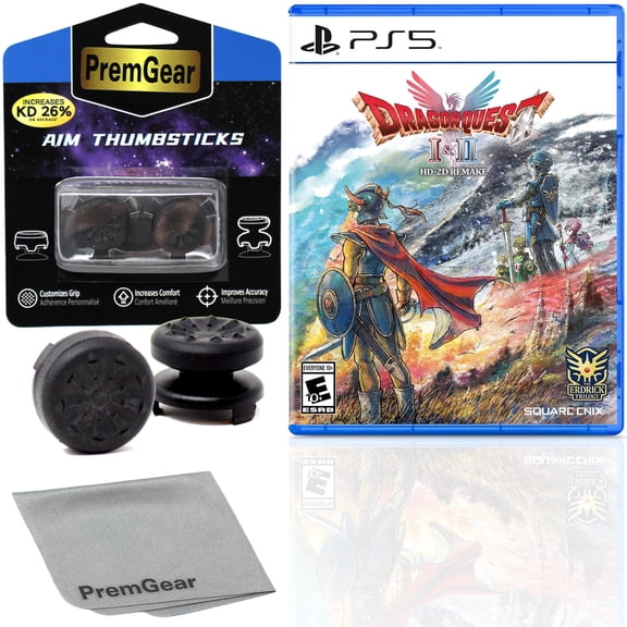 DRAGON QUEST I & II HD-2D Remake for PlayStation 5 (PS5), with PremGear ThumbSticks (2 pack: 1 High-Rise, 1 Mid-Rise) & Cleaning Cloth