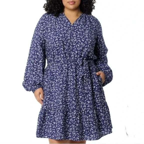 DRAPER JAMES 1849667 NAVY CRINKLE V-NECK LONG SLEEVE BELTED DRESS SZ S