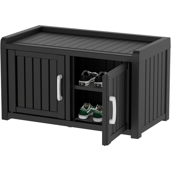 DRATO Indoor Outdoor Shoe Storage Cabinet,Waterproof Shoe Cabinet with Adjustable Shelves,Multifunctional Resin Storage Bench for Entryway, Foyer,Hallway(Black 31.89 * 17.32 * 17.91)