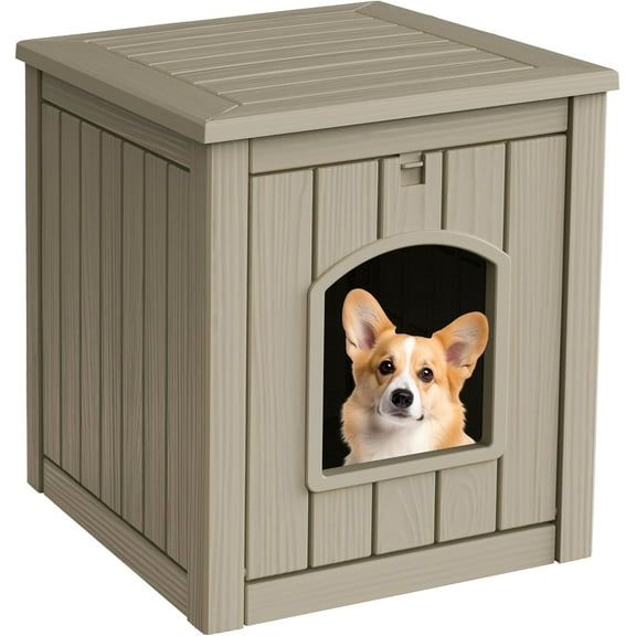 DRATO Outdoor Indoor Dog House,Resin Material Ventilate Waterproof Added to The Bottom,Multi-Functional Pet House for Small to Medium Dog (Light Brown, Medium)