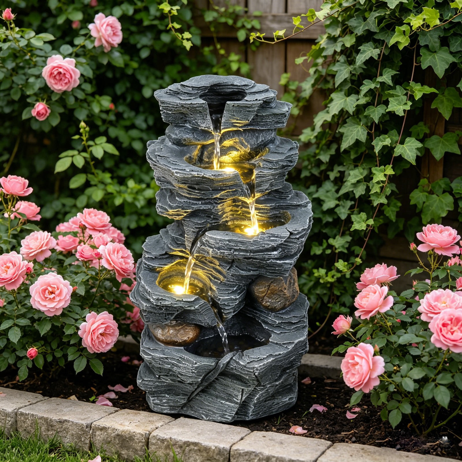 DRAZUNO 18" H Outdoor Water Fountain 5-Tier Tabletop Cascading Rock Waterfall Feature