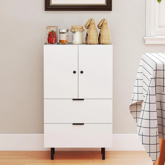DRAZUNO 2-Door Serving Cupboard w/ Drawers & Storage Cabinet Metal Legs for Living Room