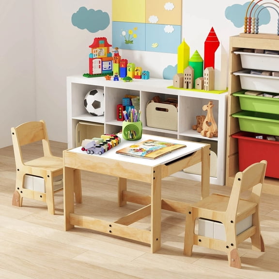 DRAZUNO 3-In-1 Kids Table & Chairs Set w/Reversible Whiteboard/Chalkboard Top Hidden