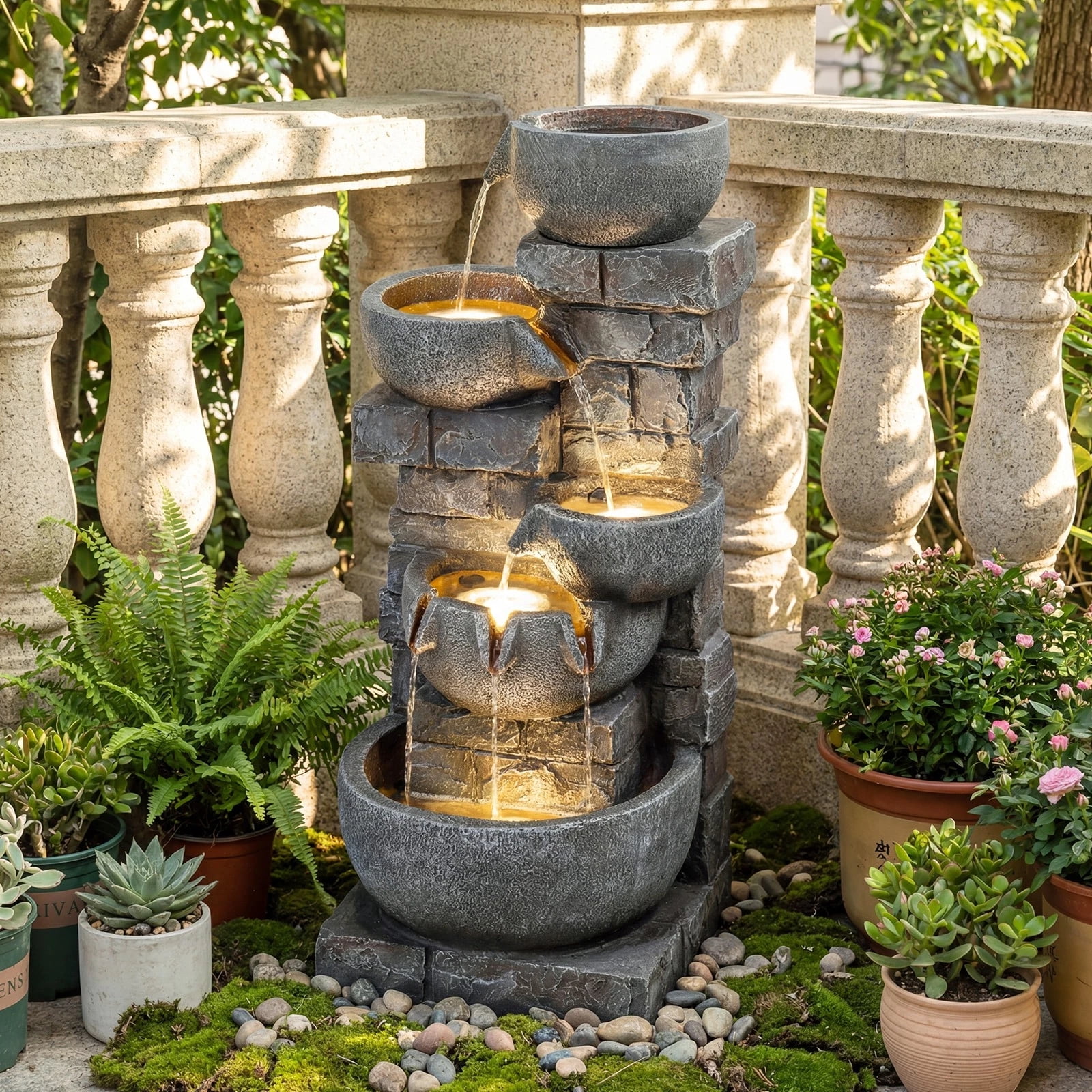 DRAZUNO 33” 5-Tier Outdoor Water Fountain with LED Lights for Patio Backyard Porch Deck