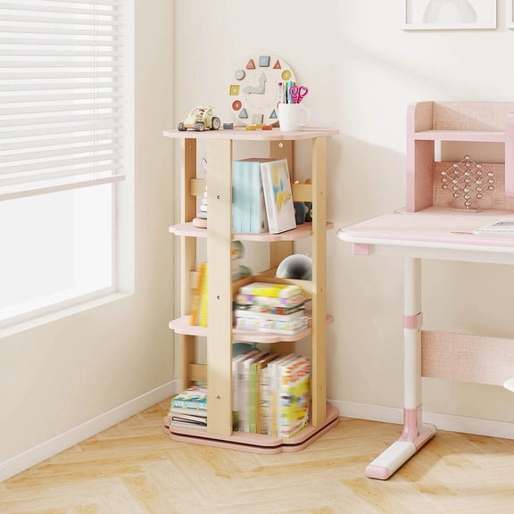 DRAZUNO 360° Spinning 3-Tier Kids Book Shelf Tower w/12 Sectors Cute Square Book Stand