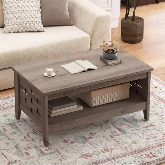 DRAZUNO 39.5” 2-Tier Coffee Table w/Open Shelf Woven Decorations Storage for Living Room