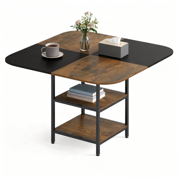 DRAZUNO 47.5” Square Dining Table w/Double-colored Splice Desktop 2-Tier Storage Shelves