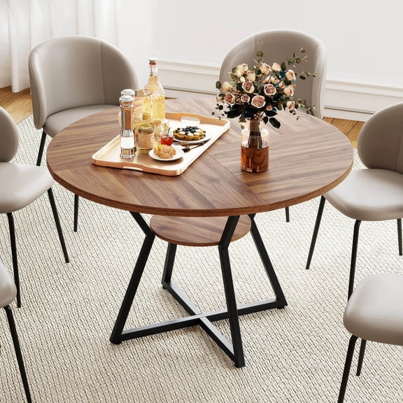 DRAZUNO 47 Round Dining Table for 4 with Storage Shelf, Wooden Tabletop, Metal Base