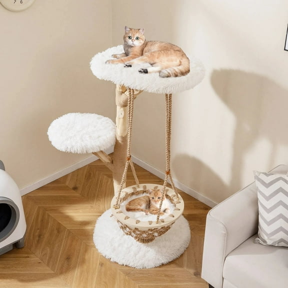 DRAZUNO 48.5 Solid Wood Cat Tree w/Hanging Cradle Jute Scratching Post Perch Soft Plush