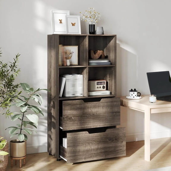 DRAZUNO 51 4-Cube Bookcase w/2 Drawers, Tall Freestanding Bookshelf for Living Room