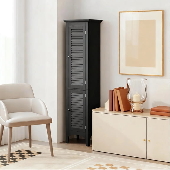 DRAZUNO 63 Tall Bathroom Cabinet w/ 2 Louvered Doors & Adjustable Shelf, Elevated Legs