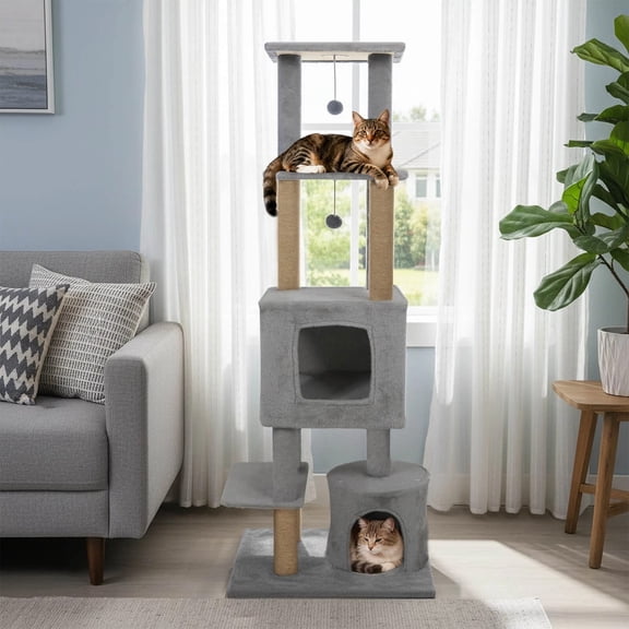DRAZUNO 64” Tall Cat Tree with 2 Large Condos, Jute Scratching Posts, Plush Top Perch