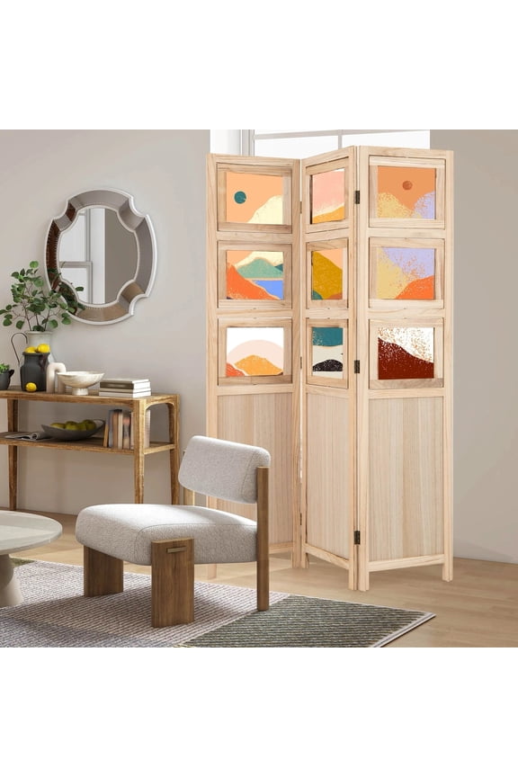 67 3 Panel Room Divider w/Paulownia Wood Photo Frames Metal Hinges for Home