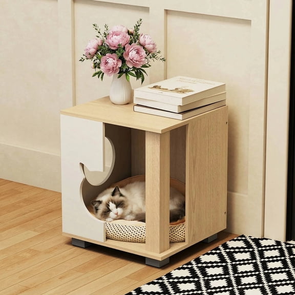 DRAZUNO Cat Bed Side Table w/Head-shaped Entry & Metal Legs,Modern End Table Nightstand