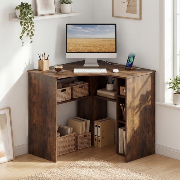 DRAZUNO Corner Desk w/Charging Station,Ergonomic Curved Edge & Open Storage Shelves,Compact Workstation for Home Office Small Space