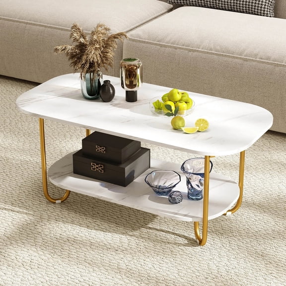 DRAZUNO Faux Marble Top Coffee Table w/Metal Frame, Rounded Corners & Storage Shelf