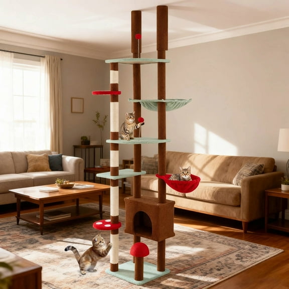 DRAZUNO Floor to Ceiling Cat Tree w/Cat Condo & Hammock, Rotatable Hanging Basket Indoor