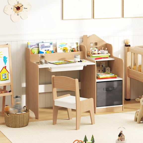 DRAZUNO Kids Desk and Chair Set with Open Shelves Drawer & Fabric Storage Bin