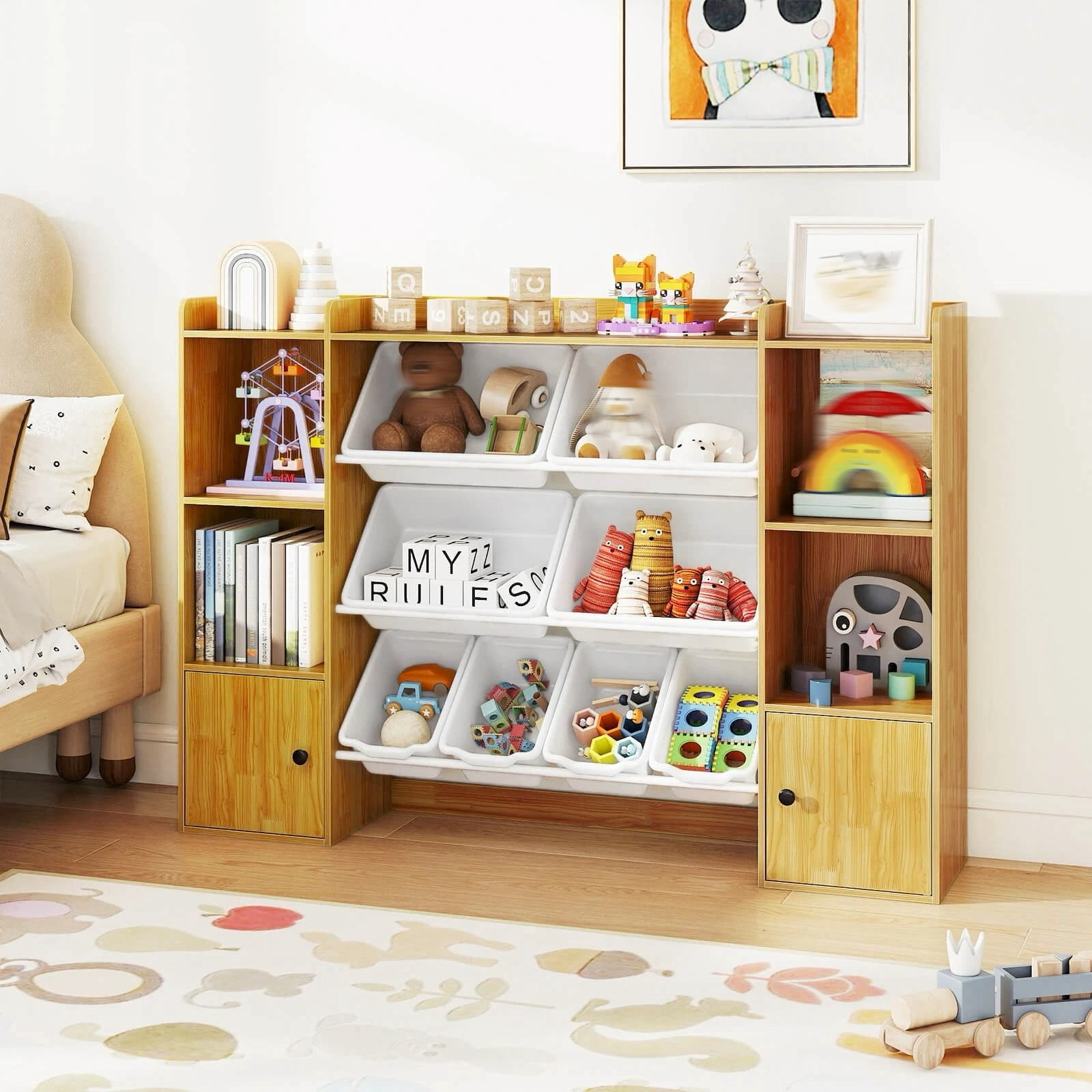 DRAZUNO Kids Toy Storage and Bookshelf w/ 8 Boxes Open Shelves & 2 ...
