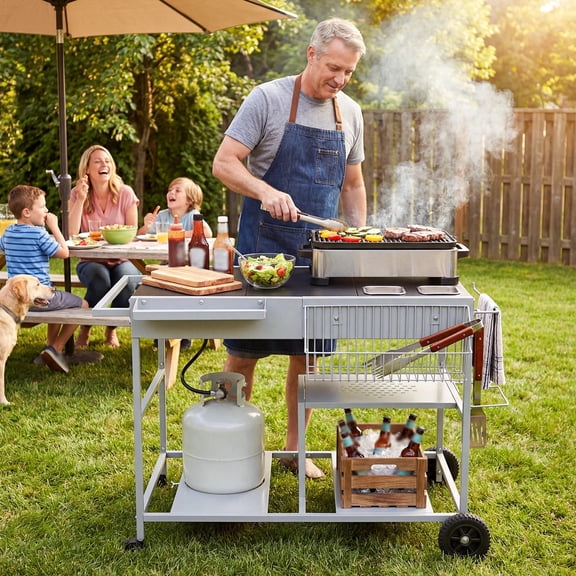 DRAZUNO Pizza Oven Cart w/Topping Station, 2 Spice Containers, Wheels & Storage Racks