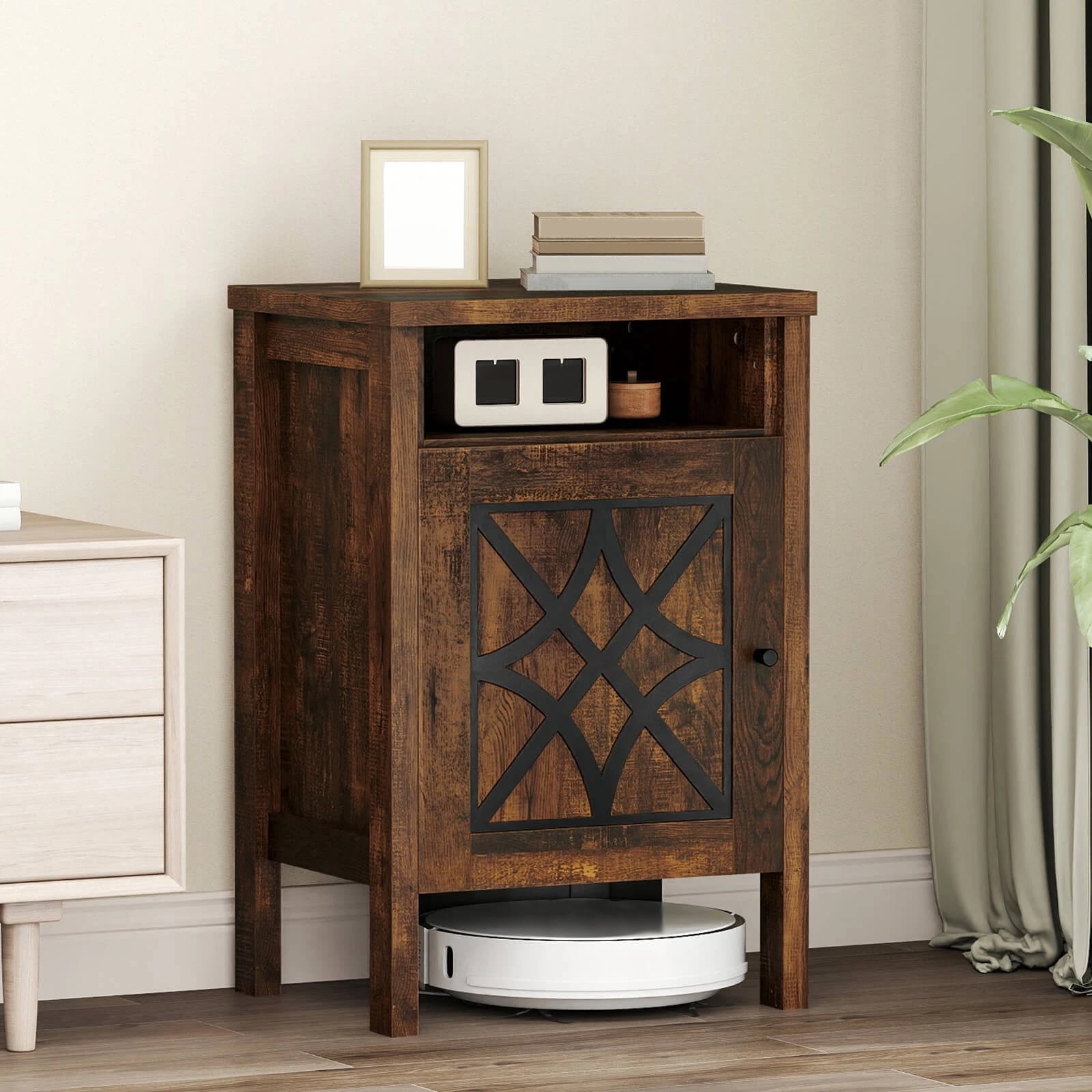 DRAZUNO Robot Vacuum Stand Cabinet with Door & Open Shelf for Home Office Living Room