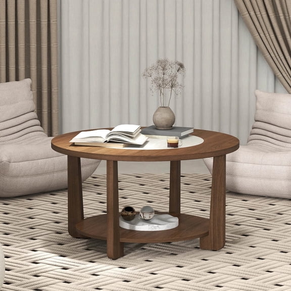 DRAZUNO Round Coffee Table with 2-Tone Tabletop & Open Storage Shelf, Wood Support Legs