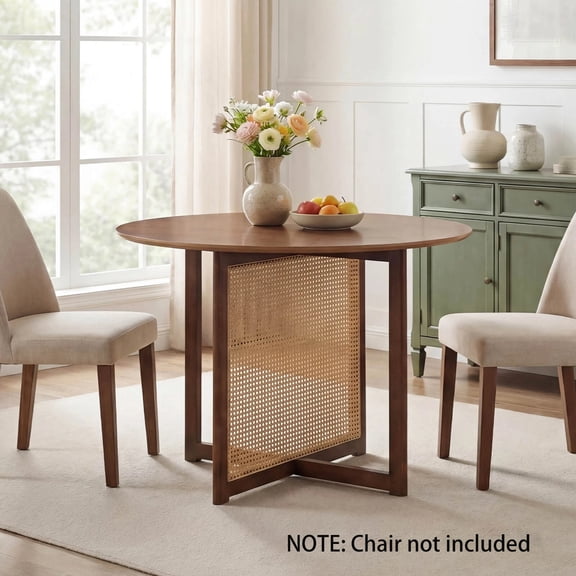 DRAZUNO Round Dining Table w/Cross Pedestal Base, PE Rattan Decoration for Dining Room